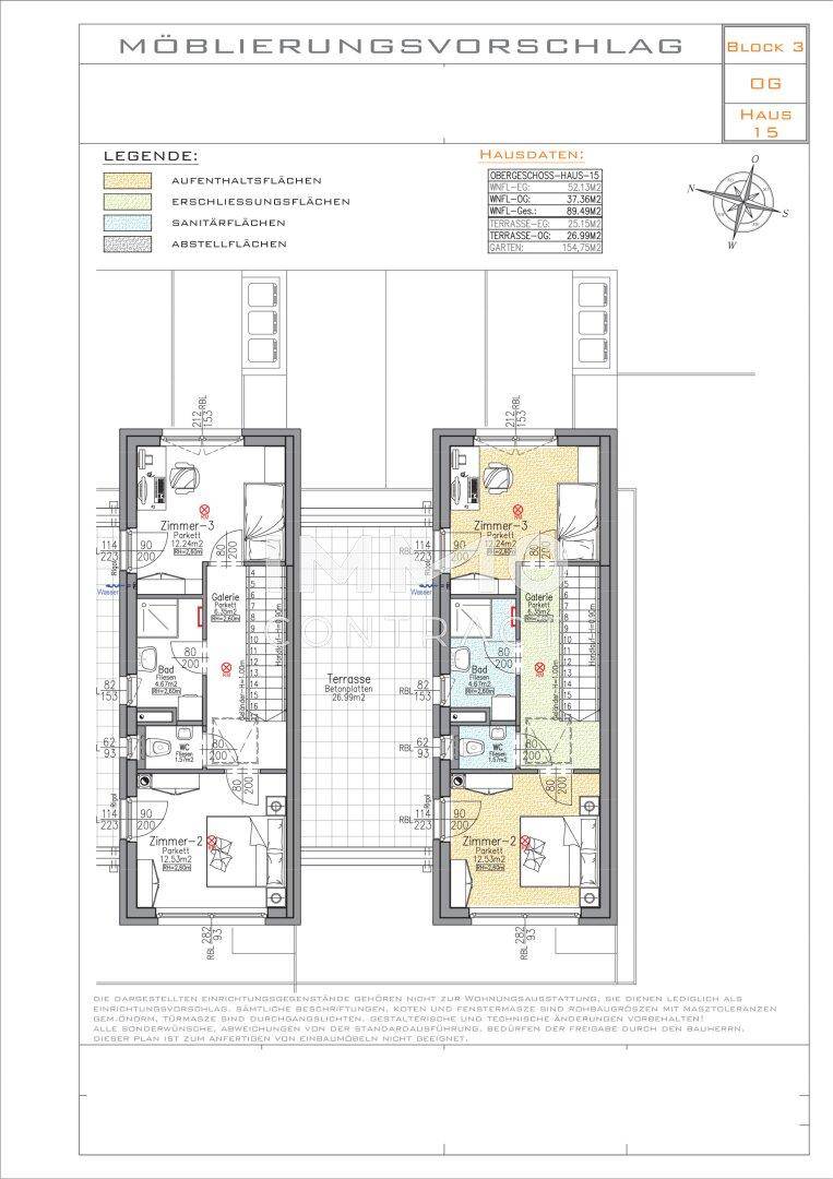 Grundriss des Obergeschosses mit Schlafzimmern und Bädern für zwei Häuser.