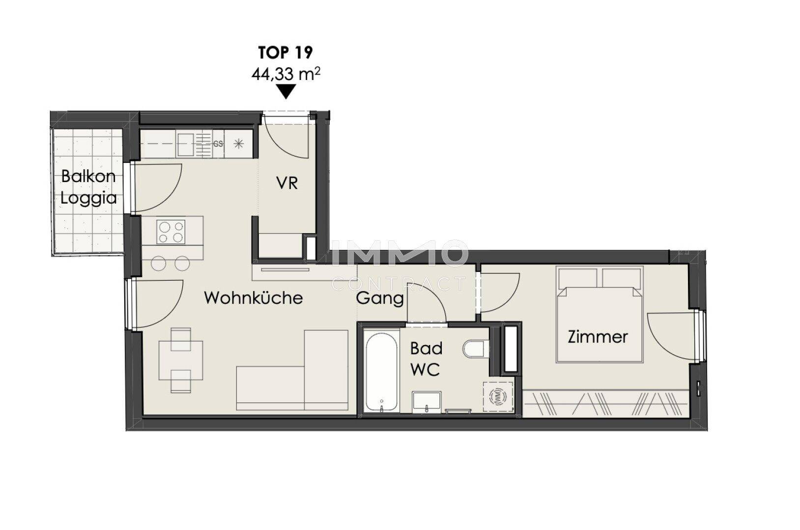 Grundriss einer Wohnung mit Wohnküche, Schlafzimmer, Bad und Balkon/Loggia.