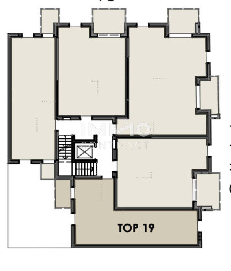 Grundriss einer Etage mit mehreren Wohneinheiten und zentralem Treppenhaus.