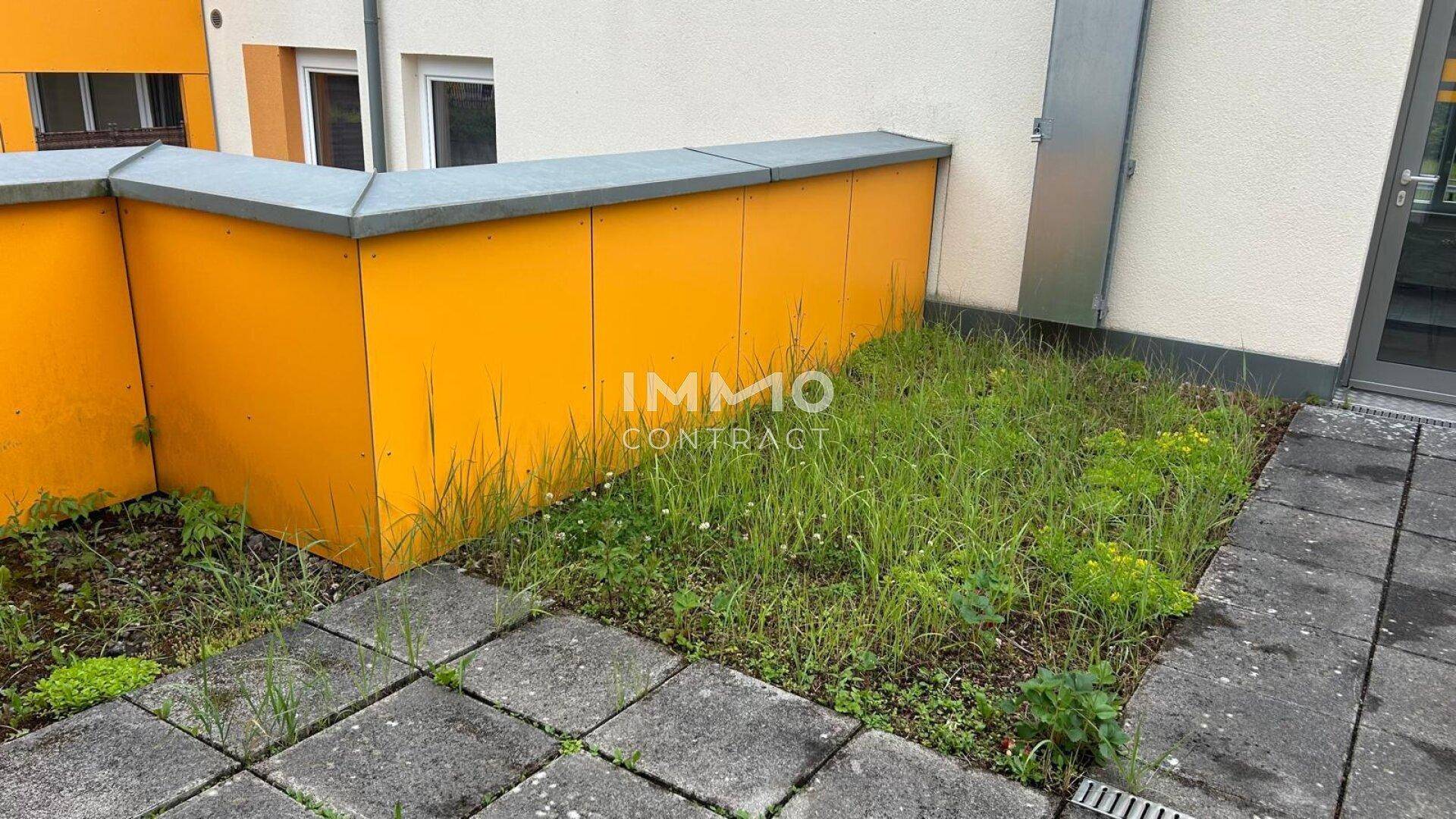 Kleiner Außenbereich mit Rasenfläche und Pflastersteinen neben einem gelben Gebäudeteil.