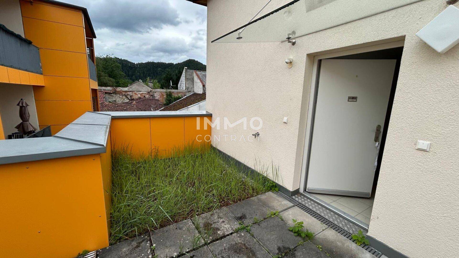 Eingangsbereich im Außenbereich mit gepflastertem Weg und kleiner Grünfläche.