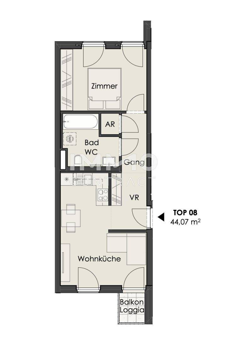 Grundriss einer Wohnung mit Wohnküche, Schlafzimmer, Bad und Loggia.