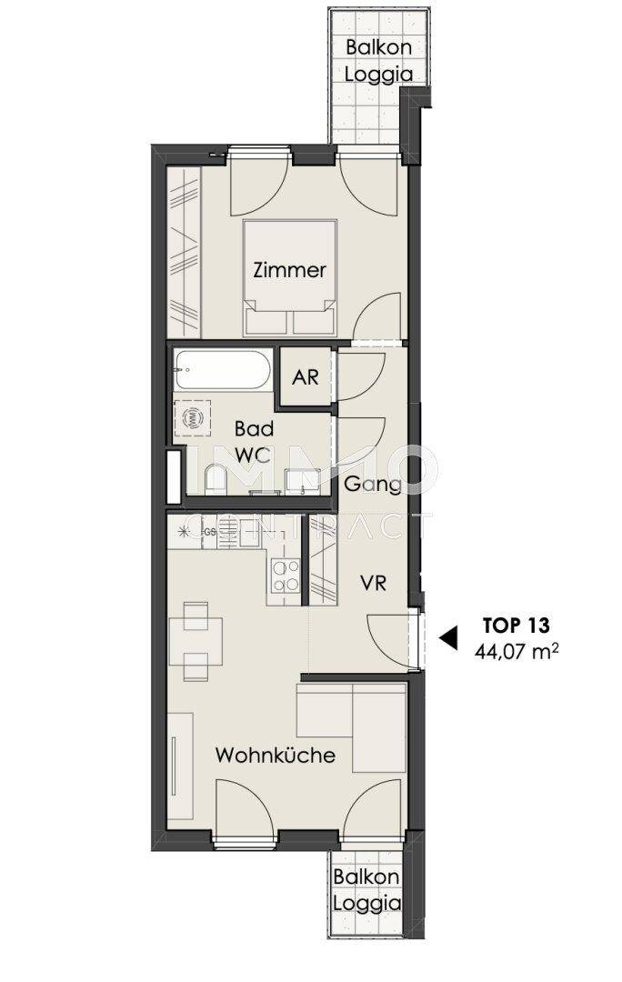 Grundriss einer Wohnung mit Wohnküche, einem Zimmer, Bad und zwei Balkon-Loggien.