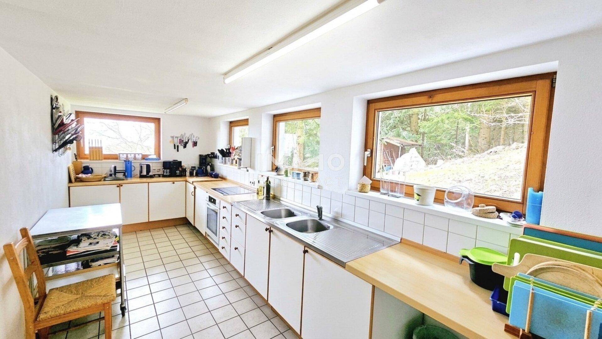 Funktionale Küche mit weißen Schränken, Holztheken und Blick ins Grüne.