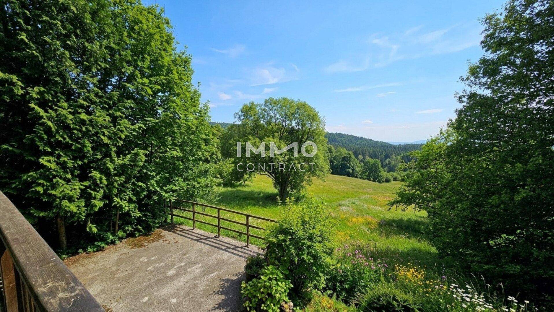 Weitläufige grüne Landschaft mit Bäumen und Wiesen unter blauem Himmel.