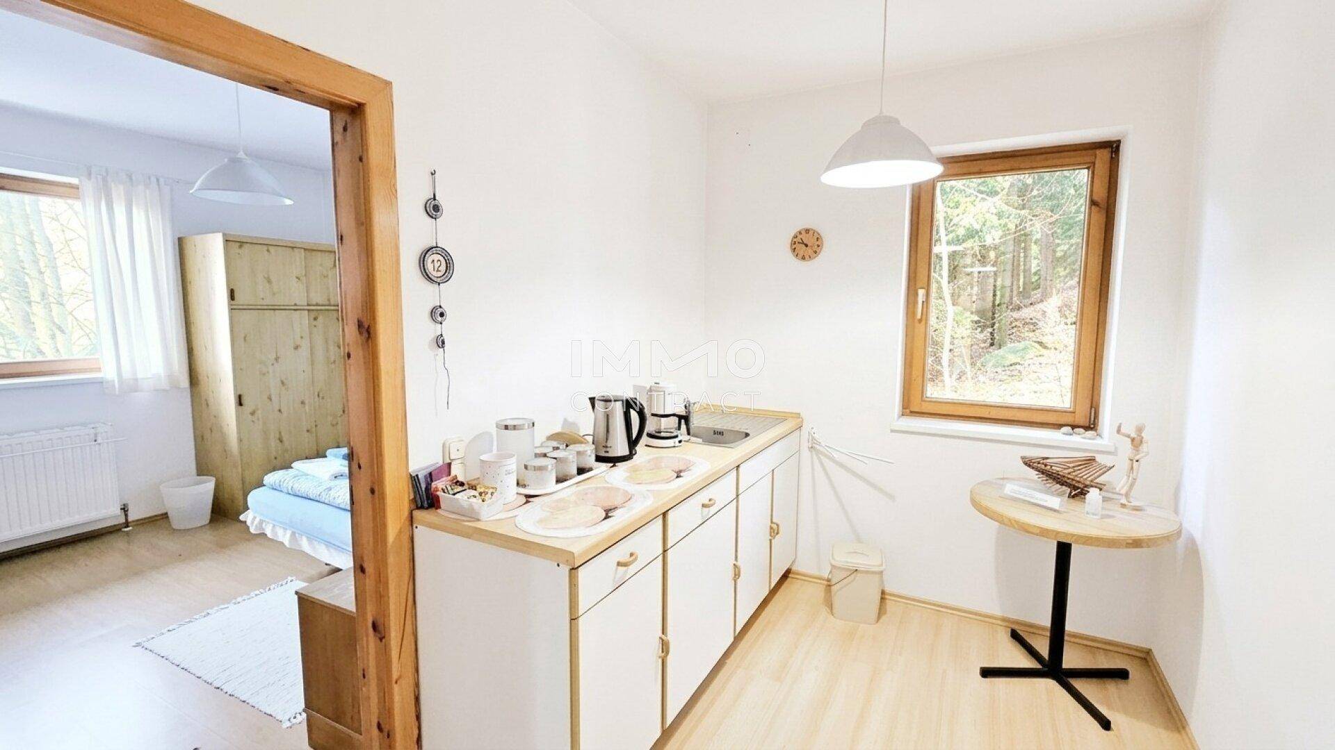 Kleine Küchenzeile mit Spüle und Kochfeld, angrenzend an ein Schlafzimmer.