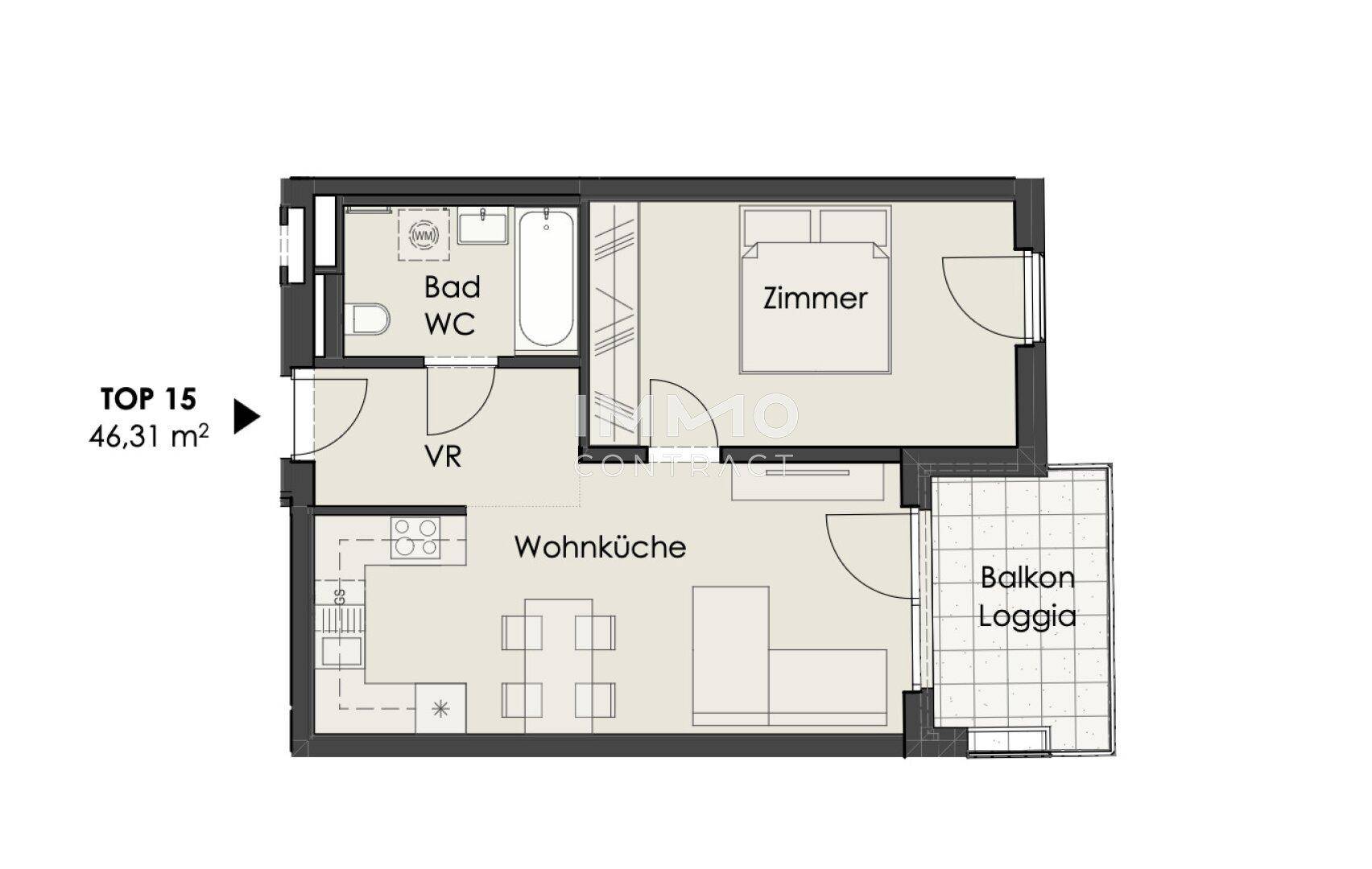 Grundriss einer Wohnung mit Wohnküche, Schlafzimmer, Bad und Balkon/Loggia.