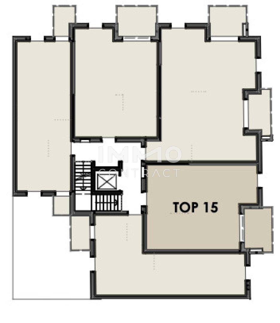 Grundriss einer Etage mit mehreren Wohneinheiten und Treppenhaus.