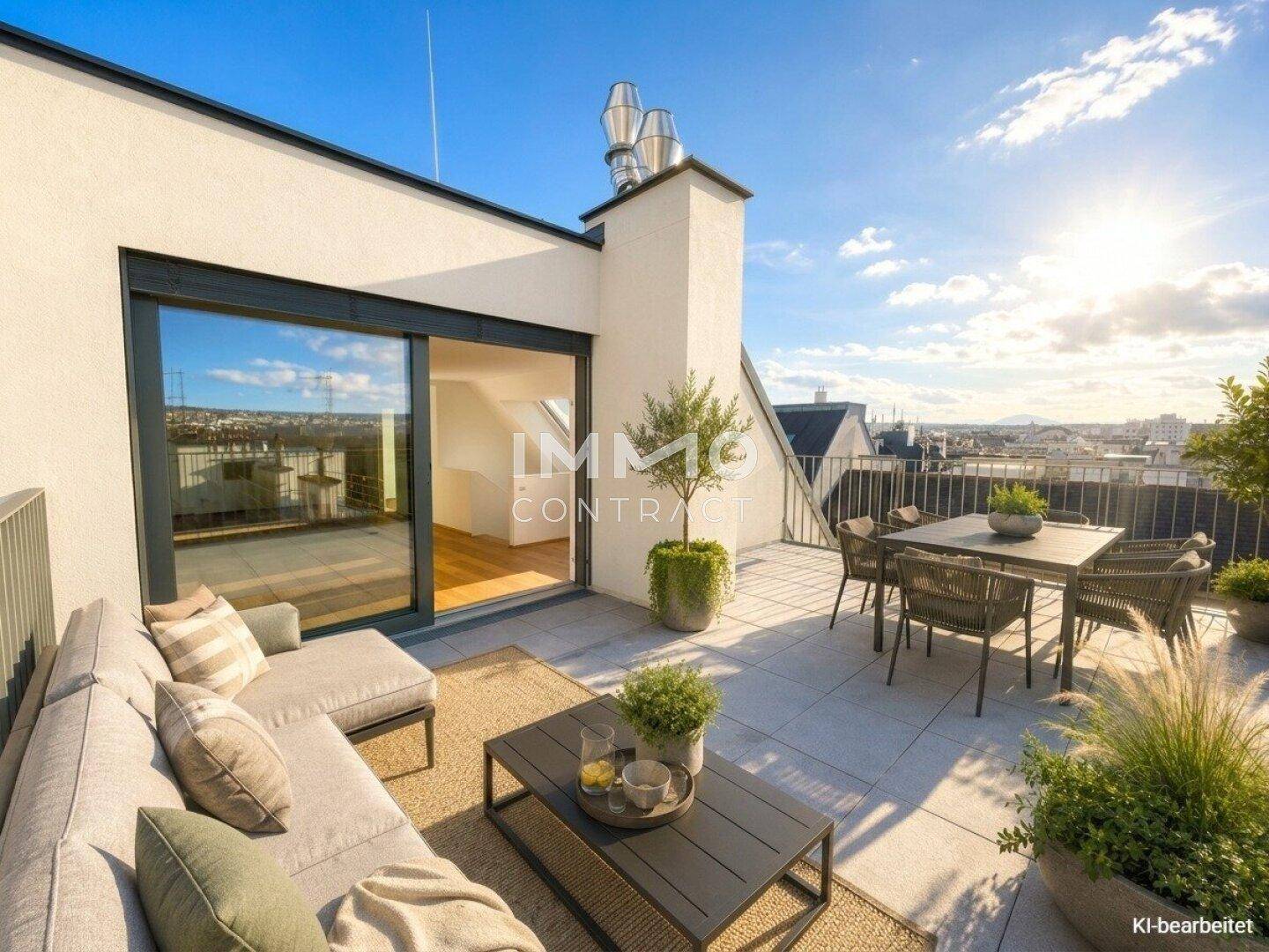 Möblierte Dachterrasse mit Sitzgelegenheiten, Pflanzen und weitem Stadtblick unter blauem Himmel.