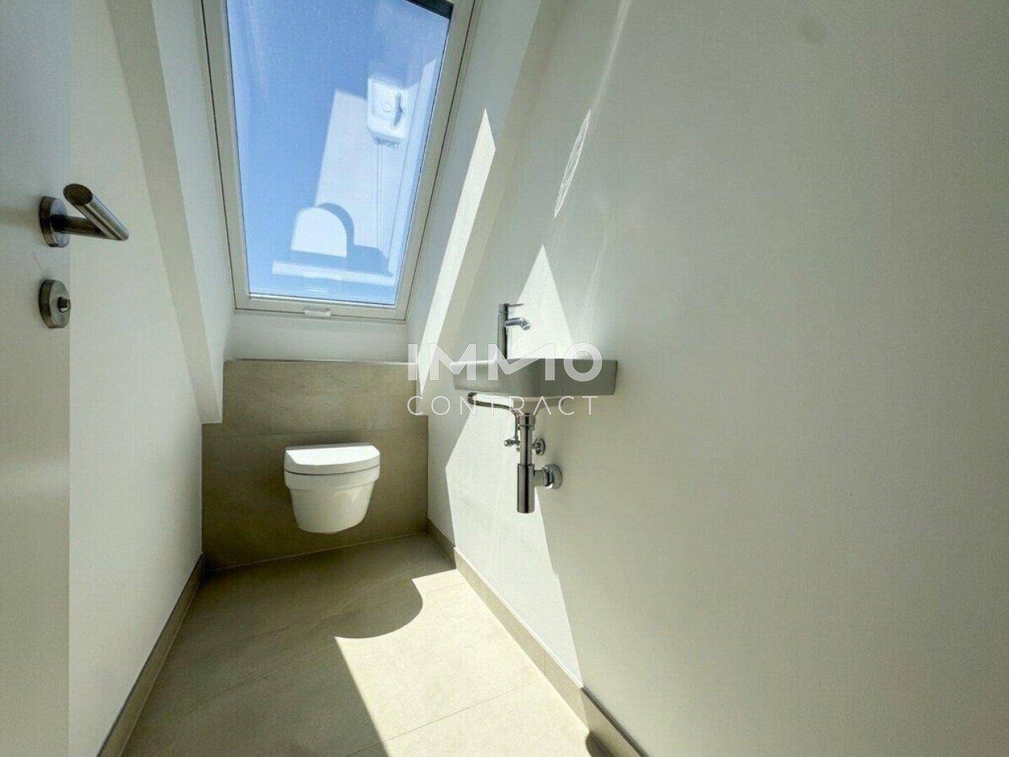 Modernes Gäste-WC mit wandhängender Toilette, kleinem Waschbecken und Dachfenster.