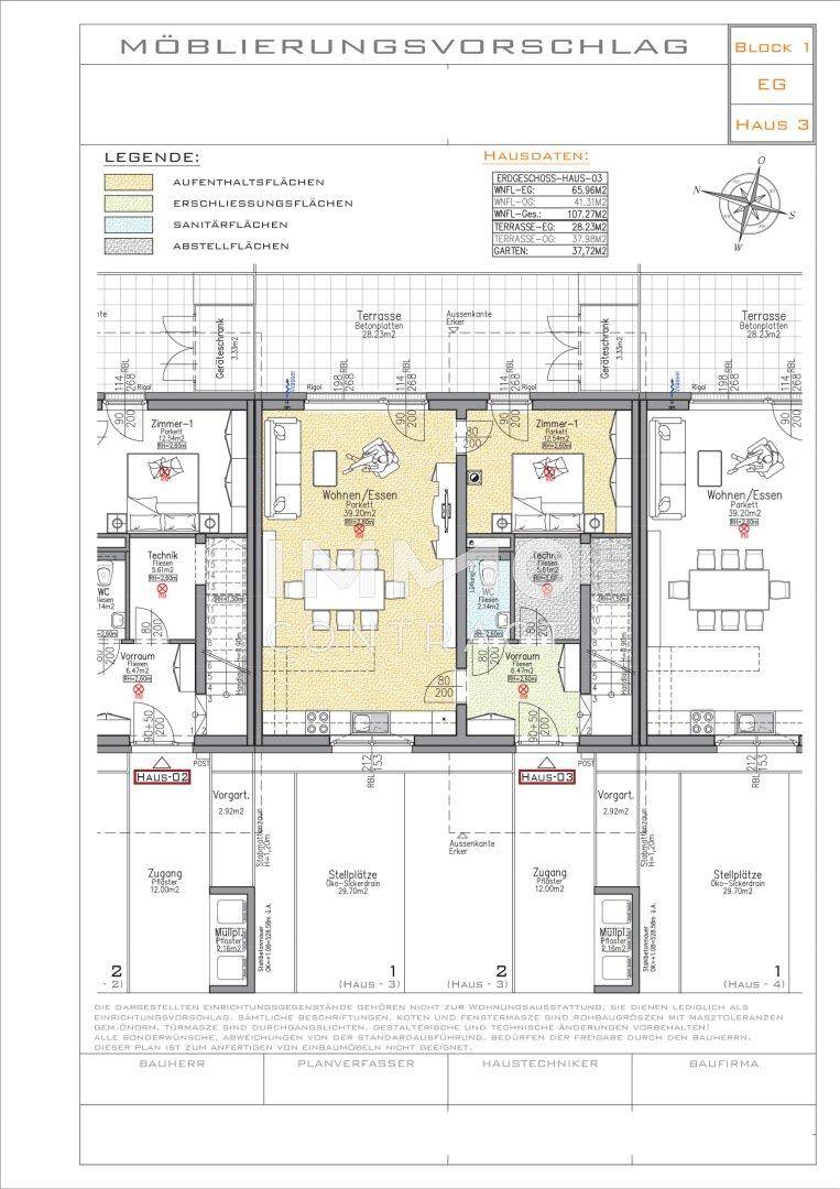 Möblierungsvorschlag für das Erdgeschoss von Haus 3 mit offenem Wohn-Essbereich und Terrasse.