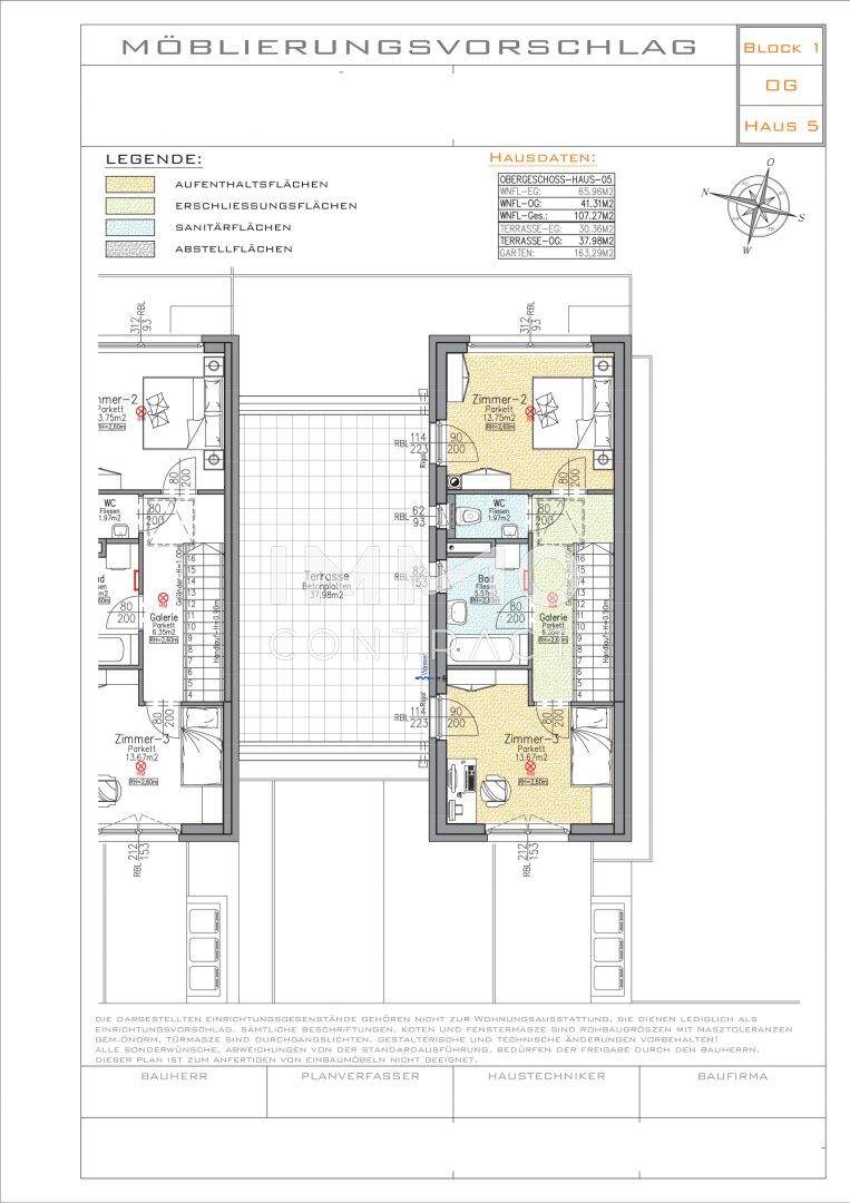 Möblierungsvorschlag für das Obergeschoss von Haus 5 mit Schlafzimmern und Terrasse.