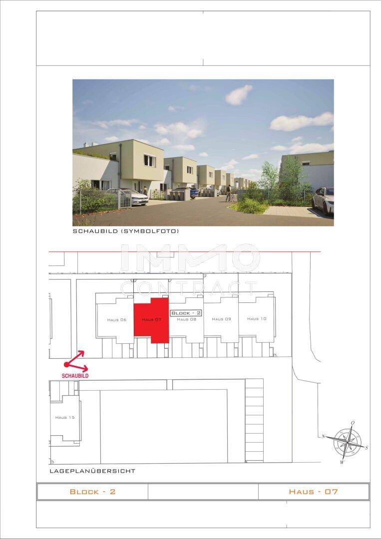 Lageplan der Reihenhäuser mit hervorgehobenem Haus 07 und Umgebungsansicht.
