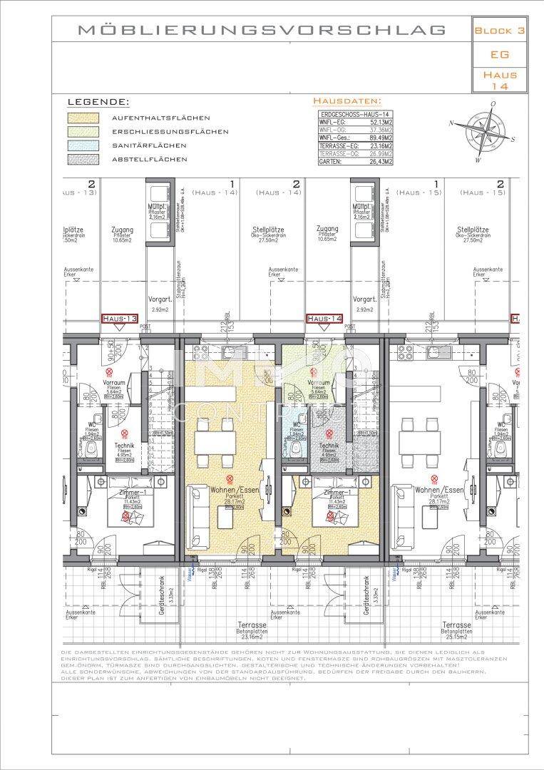 Grundrissvorschlag für das Erdgeschoss von Haus 14 mit Wohn-Essbereich und Terrasse.
