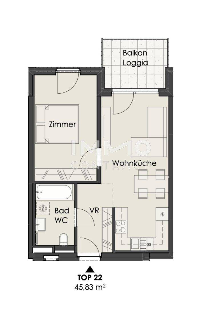 Grundriss einer Wohnung mit Wohnküche, Schlafzimmer, Bad und Balkon-Loggia.