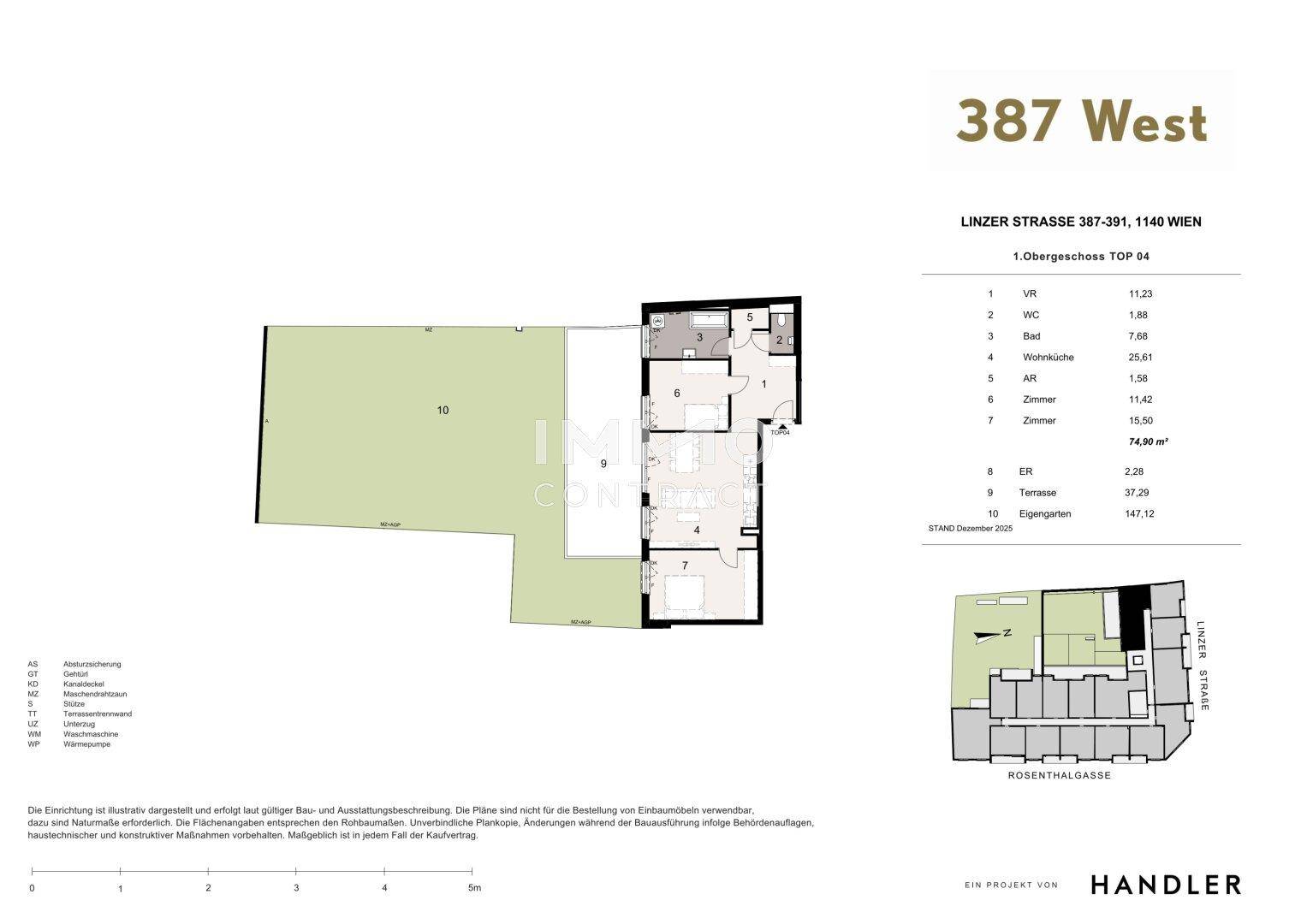 Grundrissplan einer Wohnung mit offenem Wohnbereich, zwei Schlafzimmern, Bad, WC, Terrasse und privatem Garten.