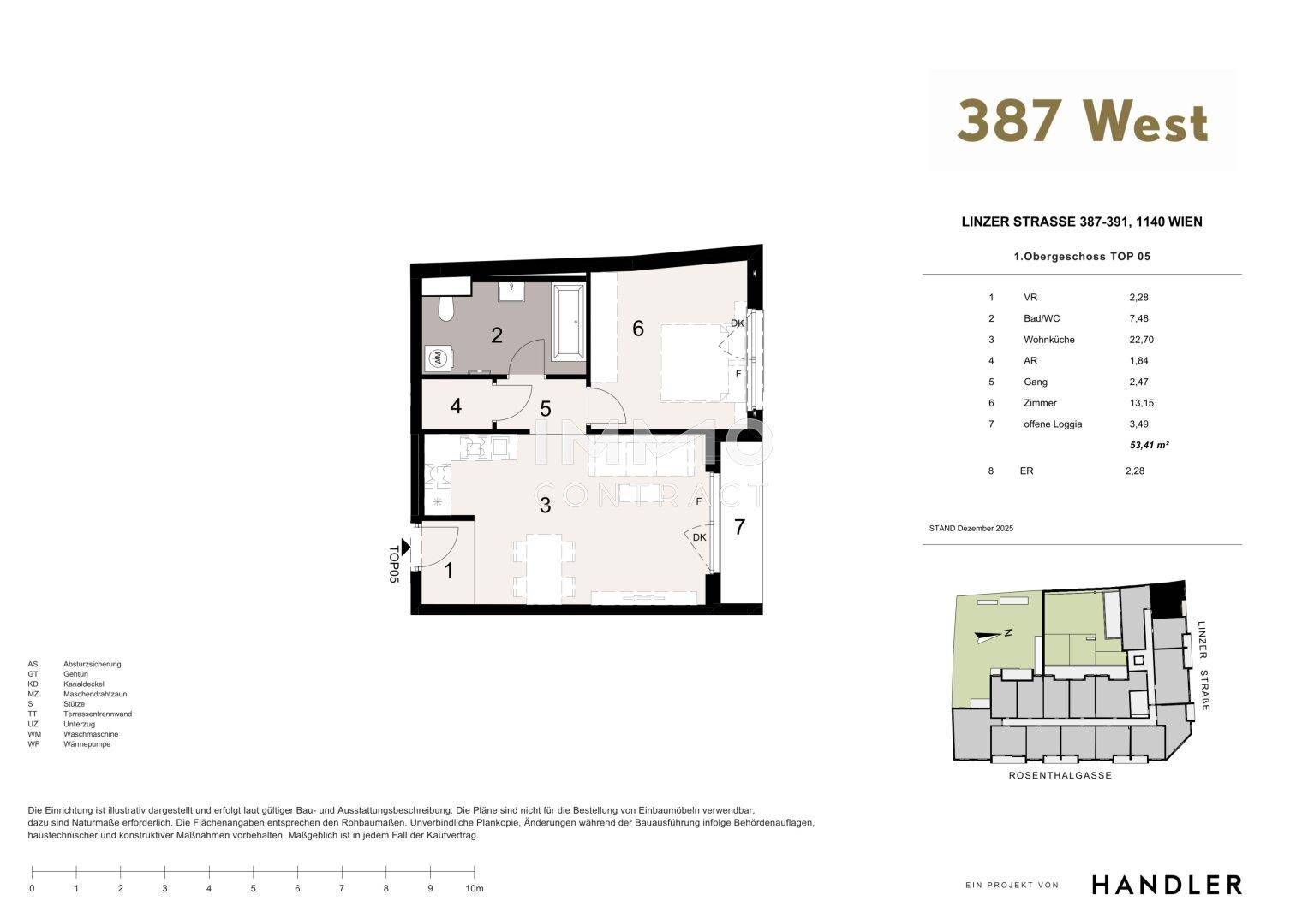 Grundriss einer Wohnung mit offenem Wohn- und Küchenbereich, einem Schlafzimmer, Bad und Loggia.