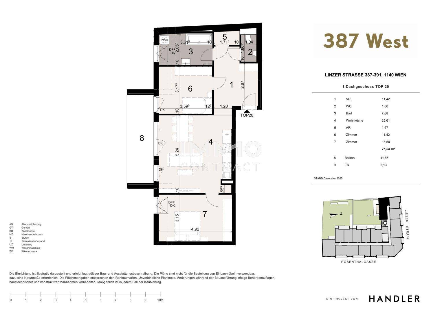 Grundriss einer Wohnung mit zwei Zimmern, offener Wohnküche, Badezimmer, separatem WC und Balkon.