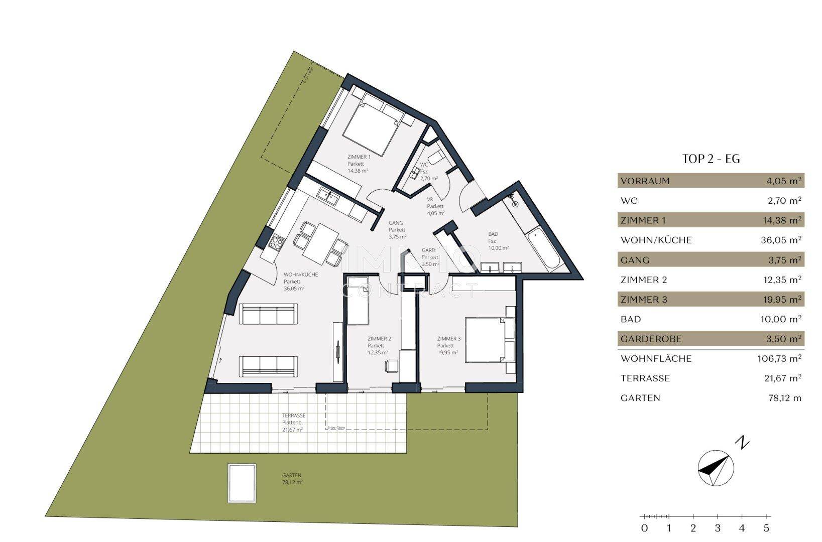 Grundriss einer modernen Wohnung mit drei Zimmern, Garten und Terrasse.
