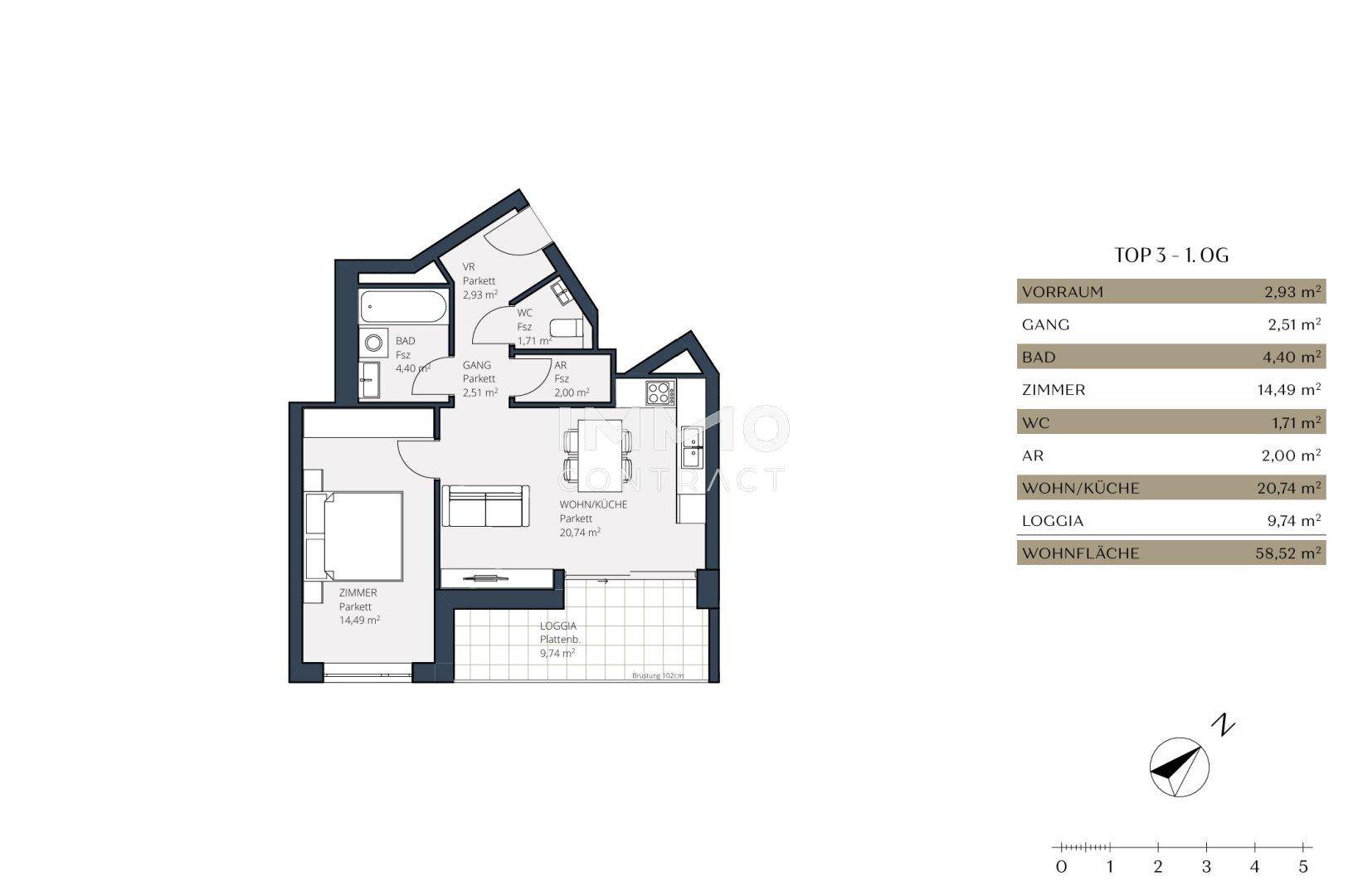 Grundriss der Wohnung Top 3 im ersten Obergeschoss mit Loggia und offener Wohnküche.