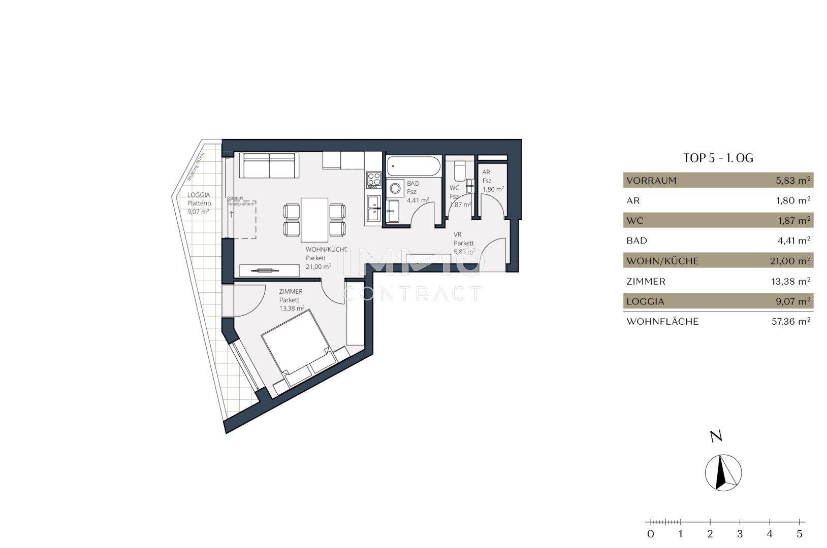Grundriss der Wohnung Top 5 mit Wohnküche, Schlafzimmer und Loggia.