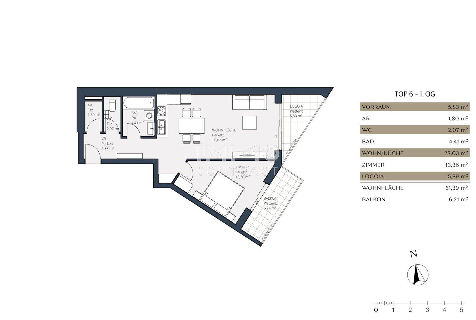 Grundriss der Wohnung Top 6 im ersten Obergeschoss mit Loggia und Balkon.