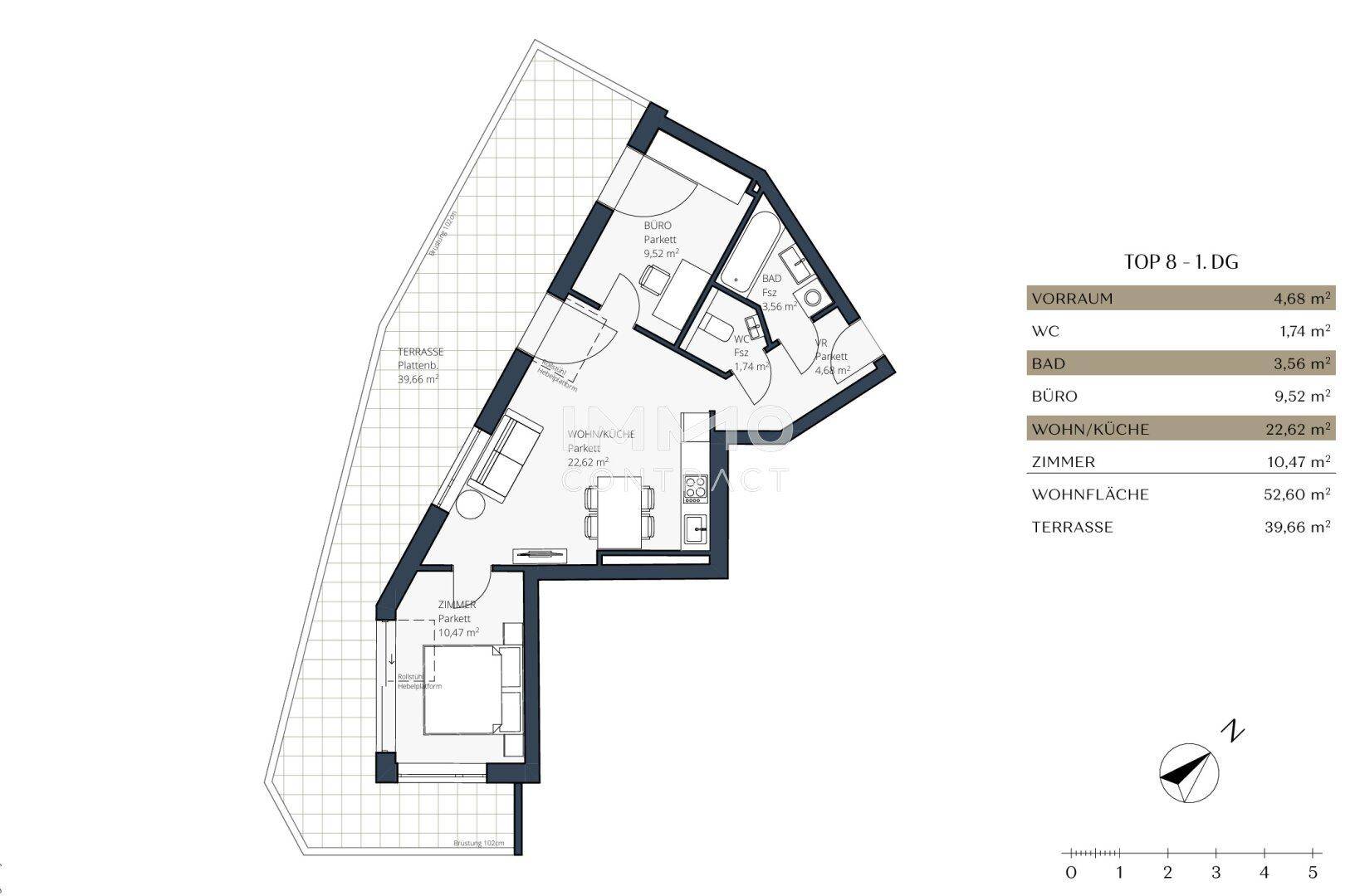 Grundriss der Wohnung Top 8 im ersten Dachgeschoss mit Terrasse und zwei Zimmern.