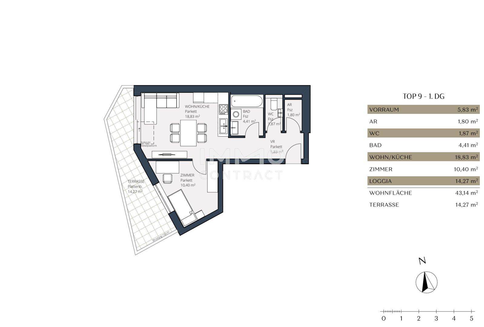 Grundriss der Wohnung Top 9 im ersten Dachgeschoss mit Terrasse und Loggia.