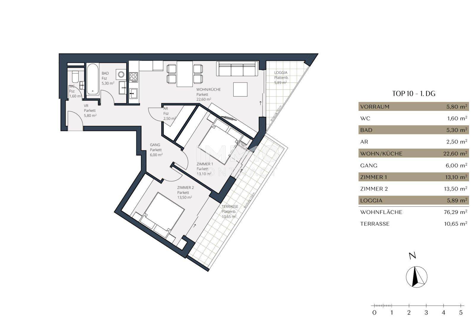 Grundriss einer Wohnung mit zwei Schlafzimmern, offener Wohnküche und einer Loggia.