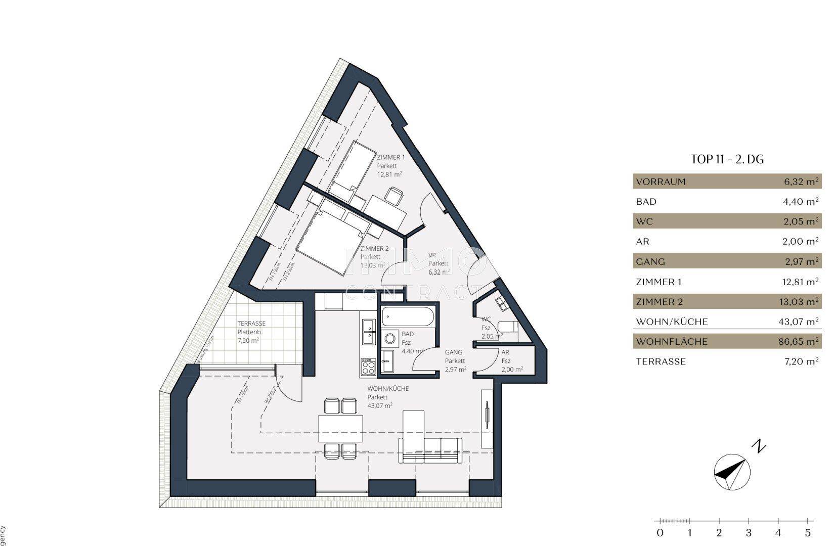 Grundriss der Wohnung TOP 11 im 2. Obergeschoss mit Terrasse und offener Wohnküche.