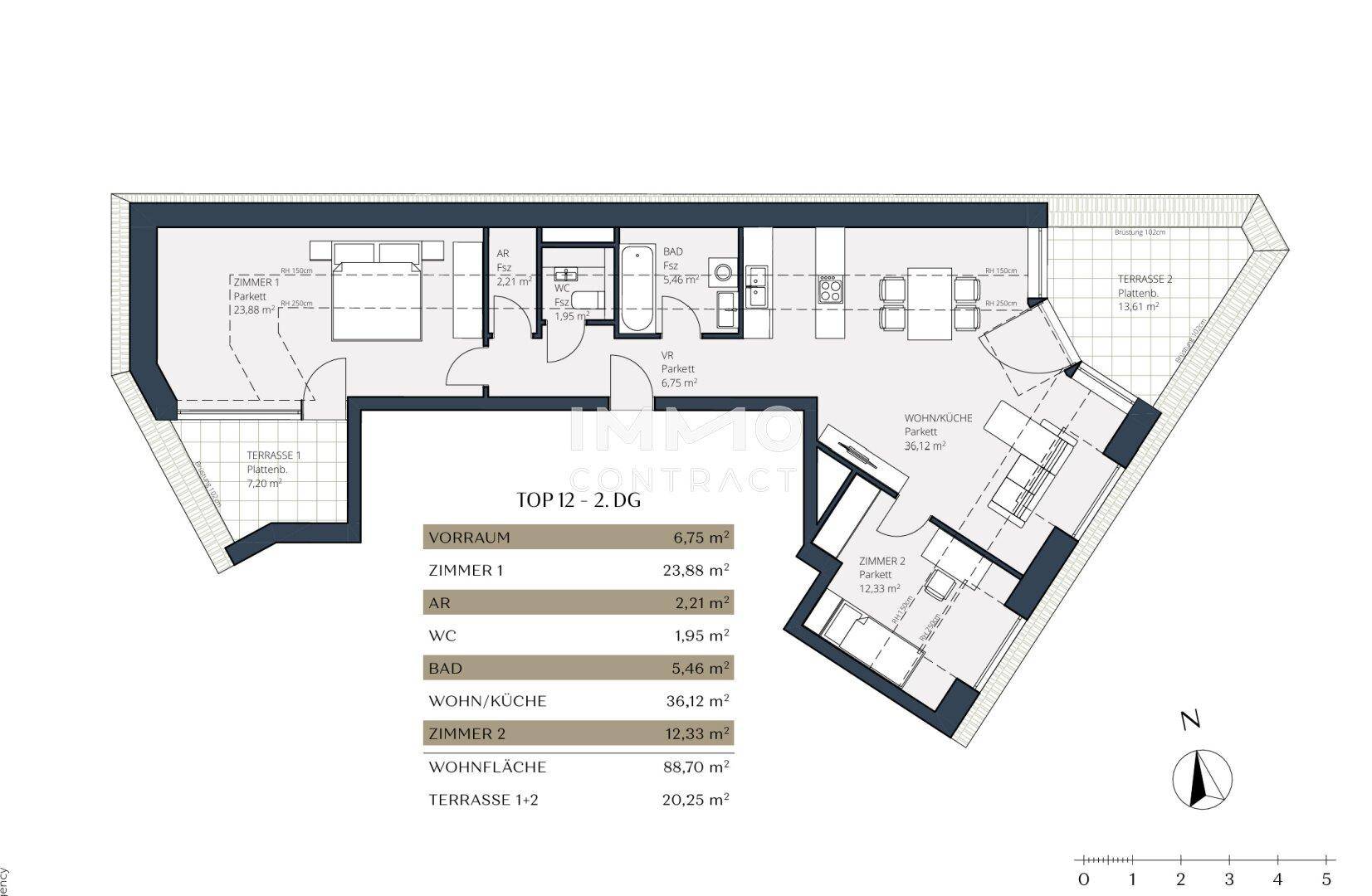 Grundriss der Dachgeschosswohnung TOP 12 mit zwei Terrassen und offenem Wohnbereich.