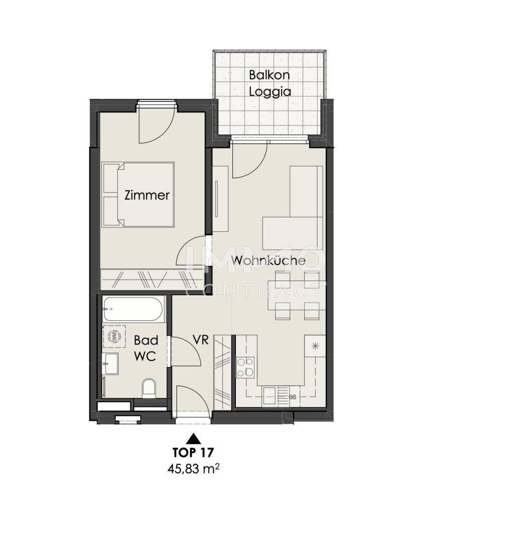 Grundriss der Wohnung TOP 17 mit einem Zimmer, Wohnküche, Bad und Balkon/Loggia.