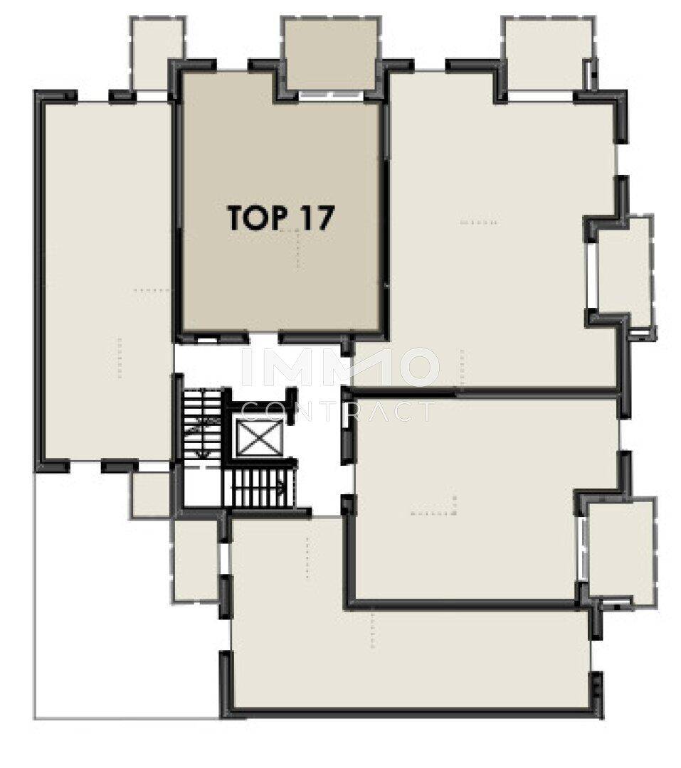 Gesamtgrundriss der Etage mit der Wohnung TOP 17 und Treppenhaus.