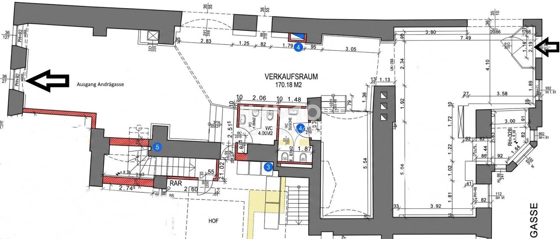 Grundrissplan eines Verkaufsraums von 170.18 m² mit Sanitäranlagen und Treppen.