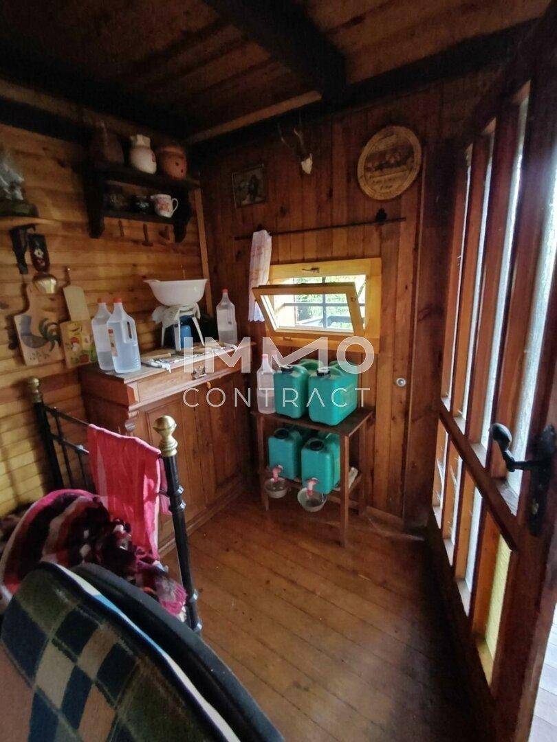 Eingangsbereich der Holzhütte mit Holztür und Blick in den rustikalen Innenraum.