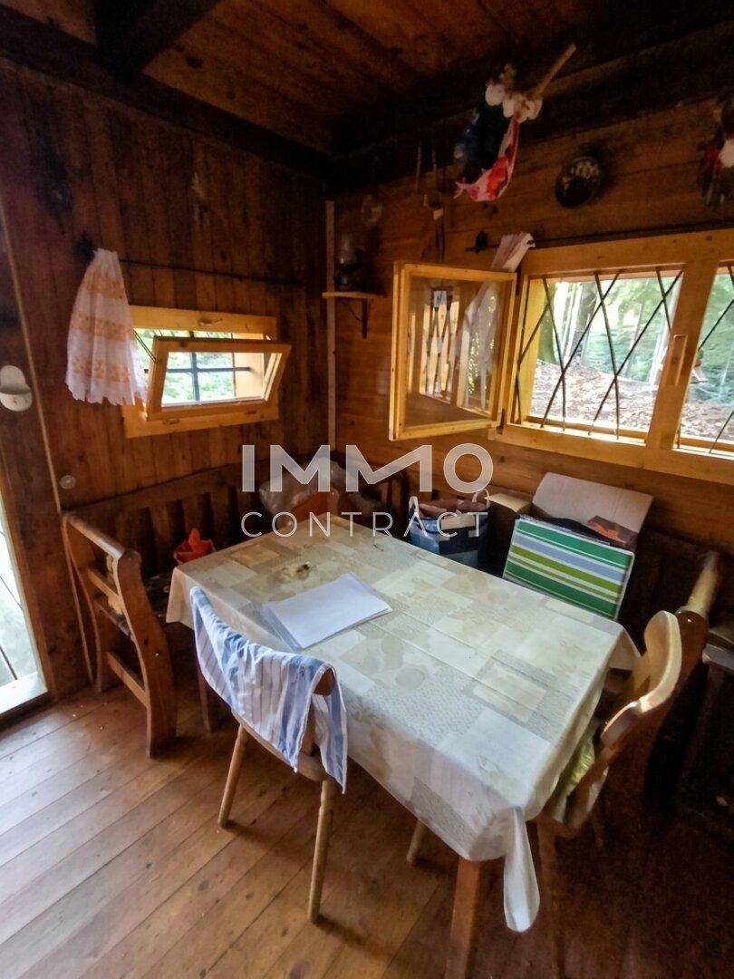 Essbereich in der Holzhütte mit Holztisch, Bänken und Blick ins Grüne.