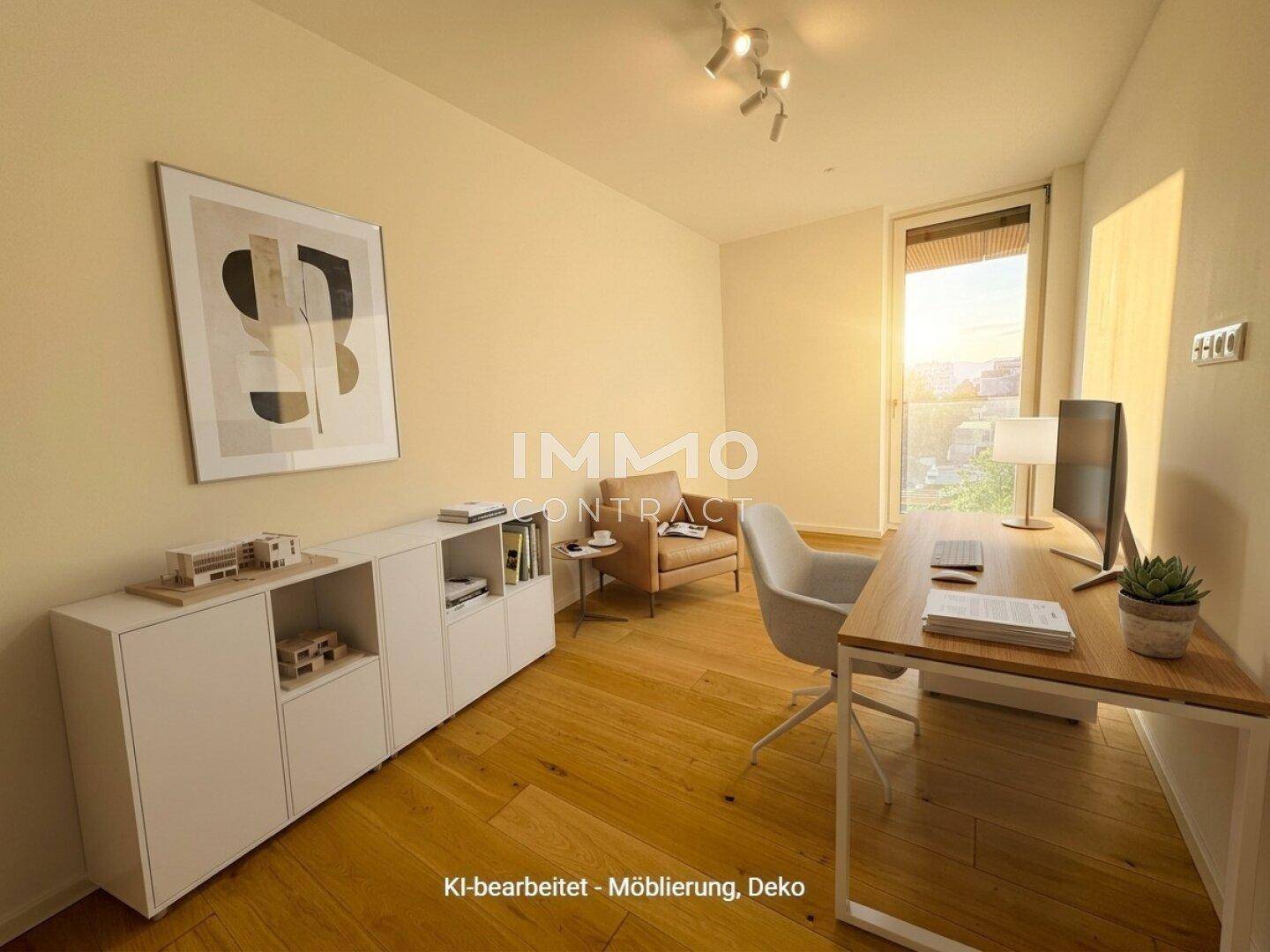 Helles Arbeitszimmer mit Holzboden und moderner Einrichtung, ideal für Home-Office.
