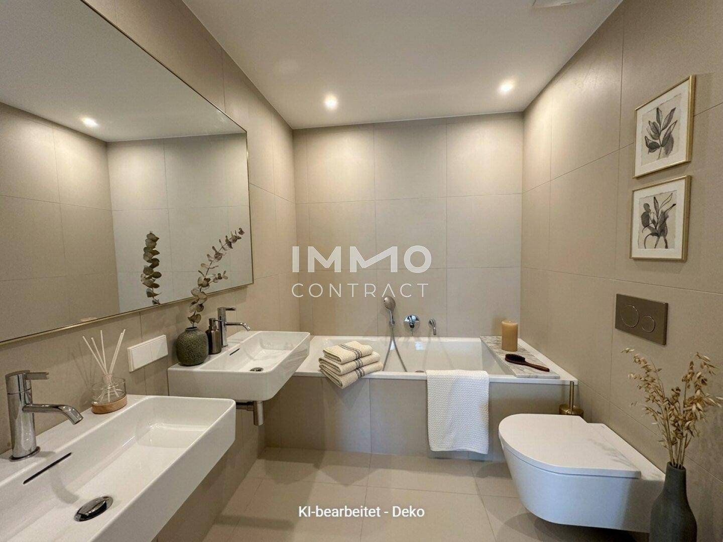 Elegantes Badezimmer mit zwei Waschbecken, Badewanne und modernen Fliesen.
