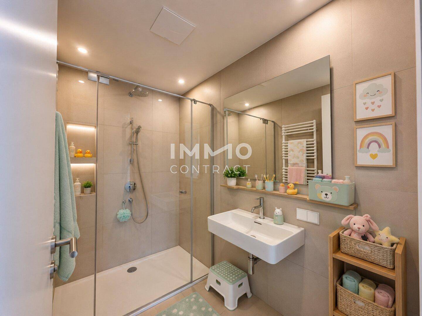 Modernes Badezimmer mit begehbarer Dusche, Einzelwaschbecken und beheiztem Handtuchhalter.