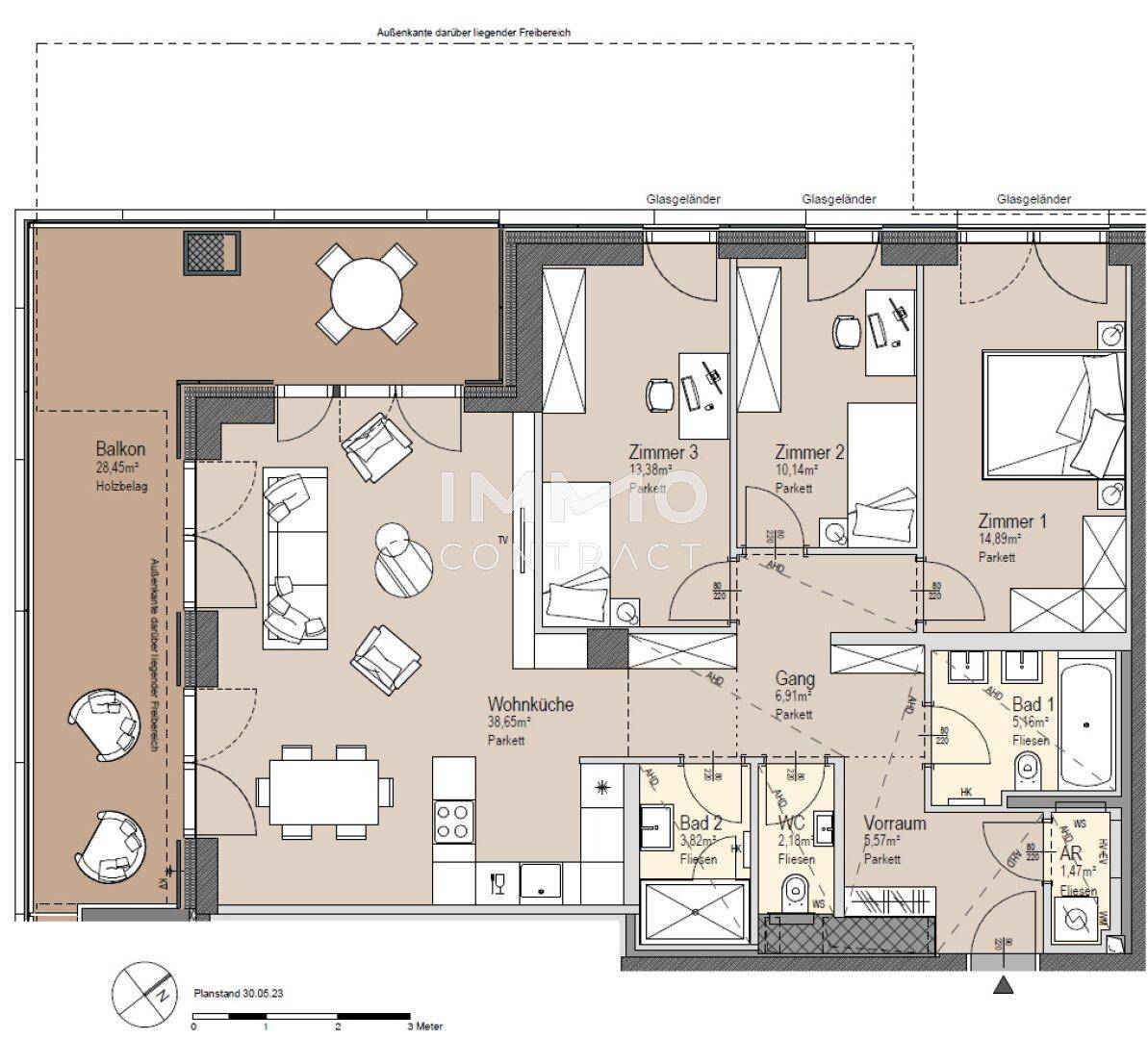Detaillierter Grundriss einer Wohnung mit drei Zimmern, Wohnküche und Balkon.