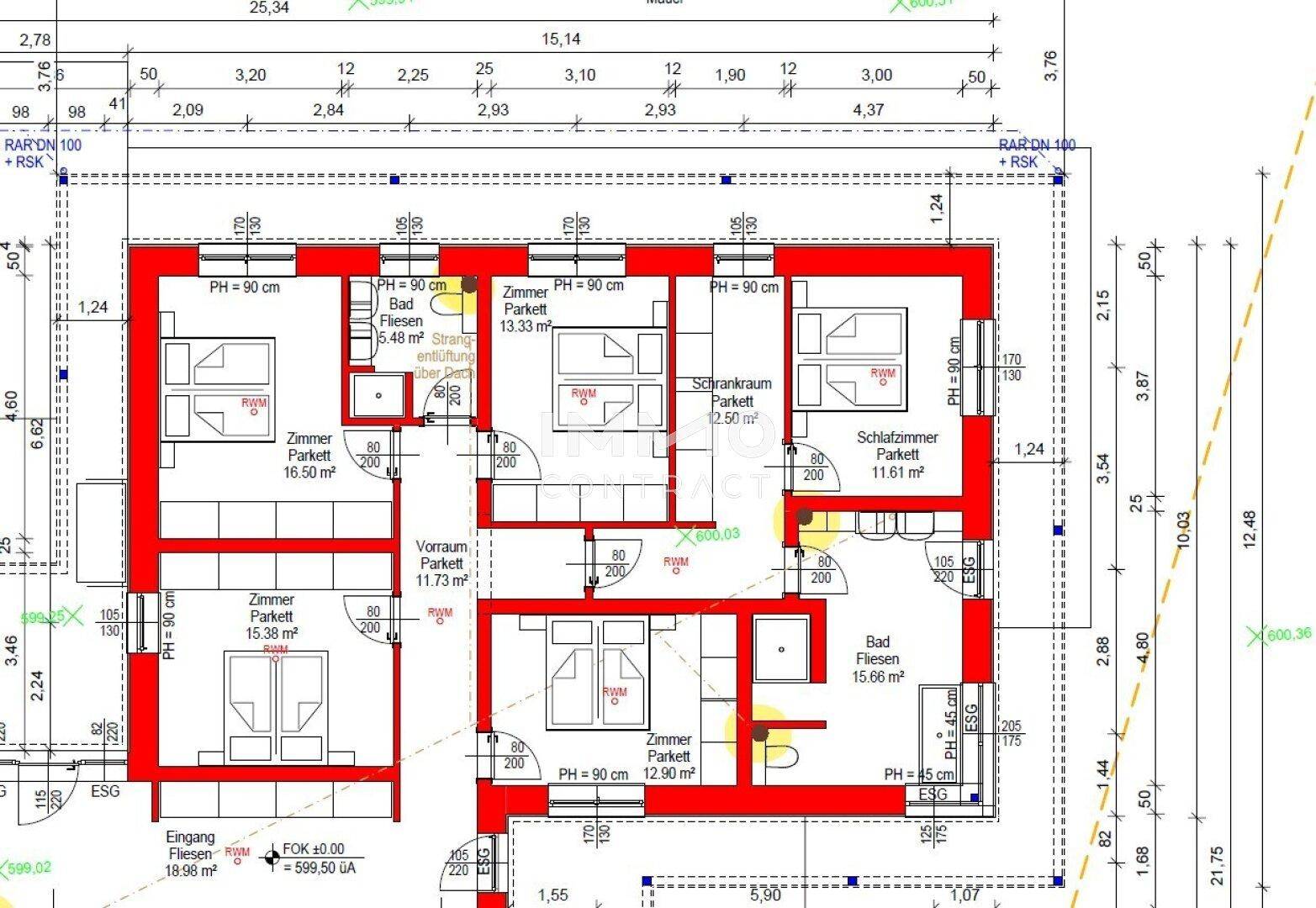Detailansicht des Grundrisses mit Schlafzimmern, Bädern und Ankleidebereich im Obergeschoss des Hauses.
