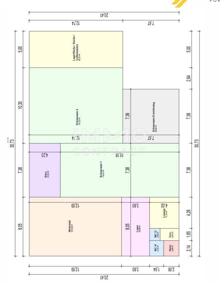 Grundrissplan mit verschiedenen funktionalen Bereichen wie Werkstatt, Lager und Schauraum.
