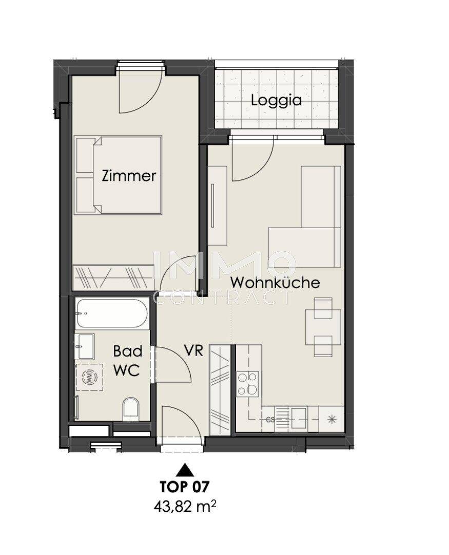Grundriss einer kompakten Wohnung mit Wohnküche, einem Zimmer, Bad mit WC und Loggia.