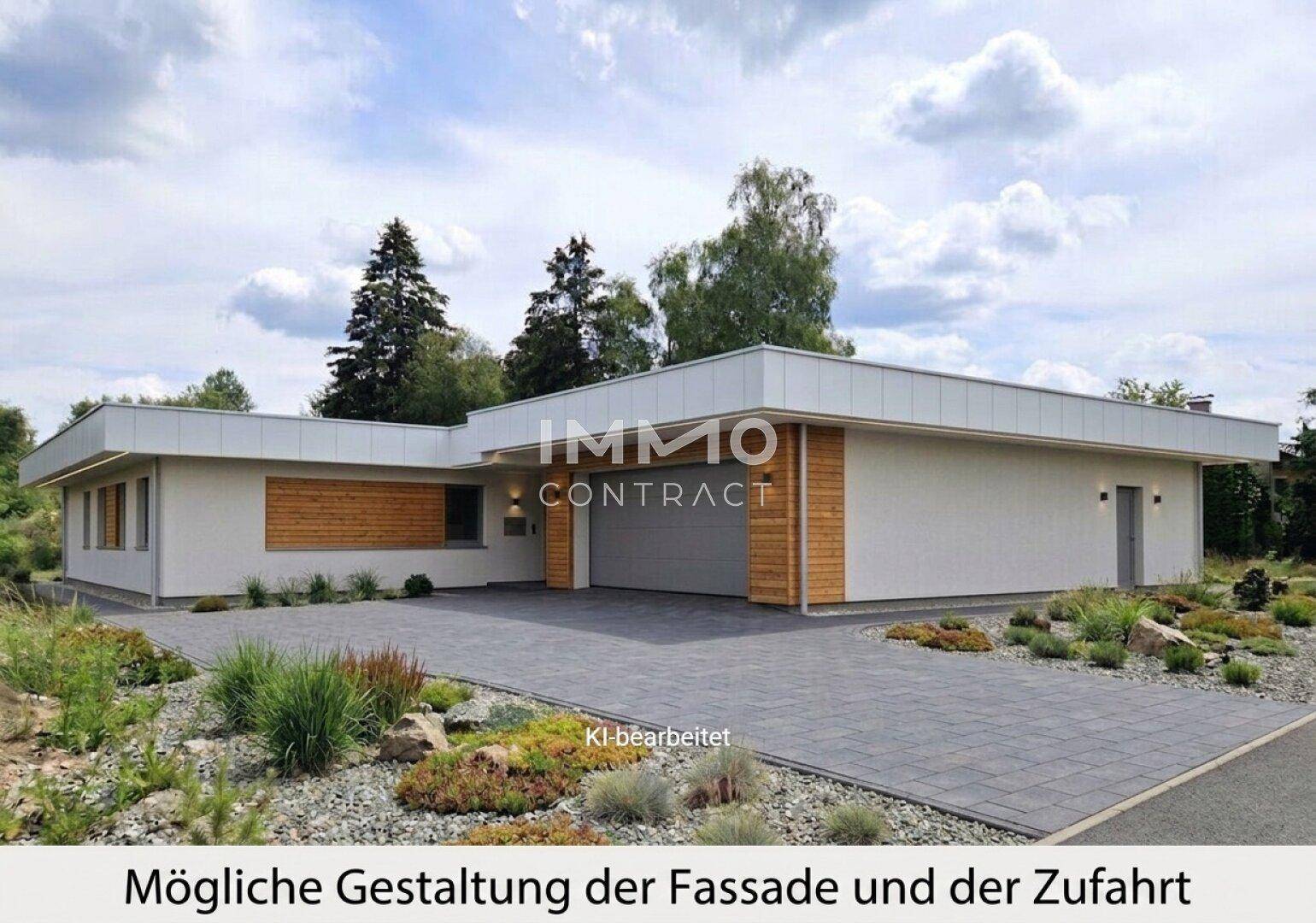 Mögliche Gestaltung der Fassade und der Zufahrt (KI-generiert)