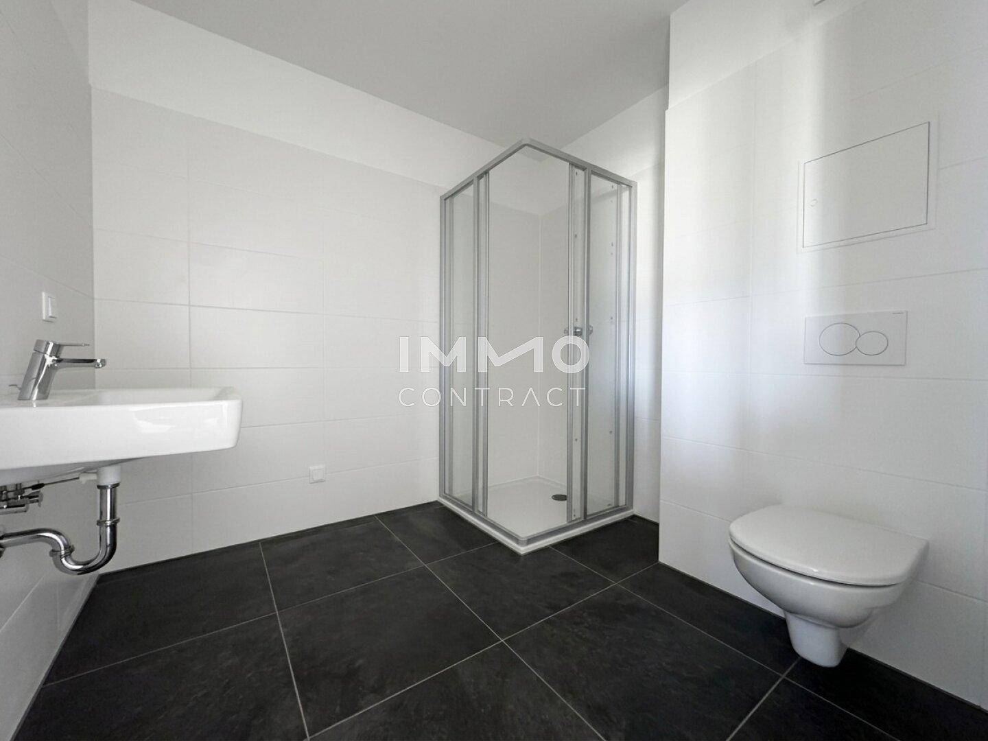 Modernes Badezimmer mit Duschkabine, Wand-WC und Waschbecken auf dunklen Fliesen.