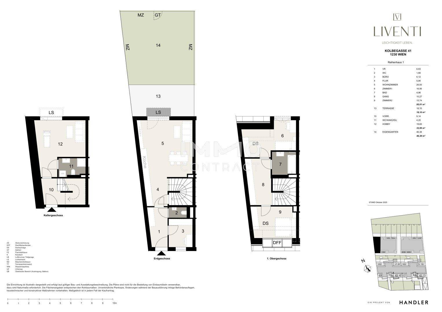Detaillierter Grundriss eines Reihenhauses mit mehreren Ebenen und Garten.