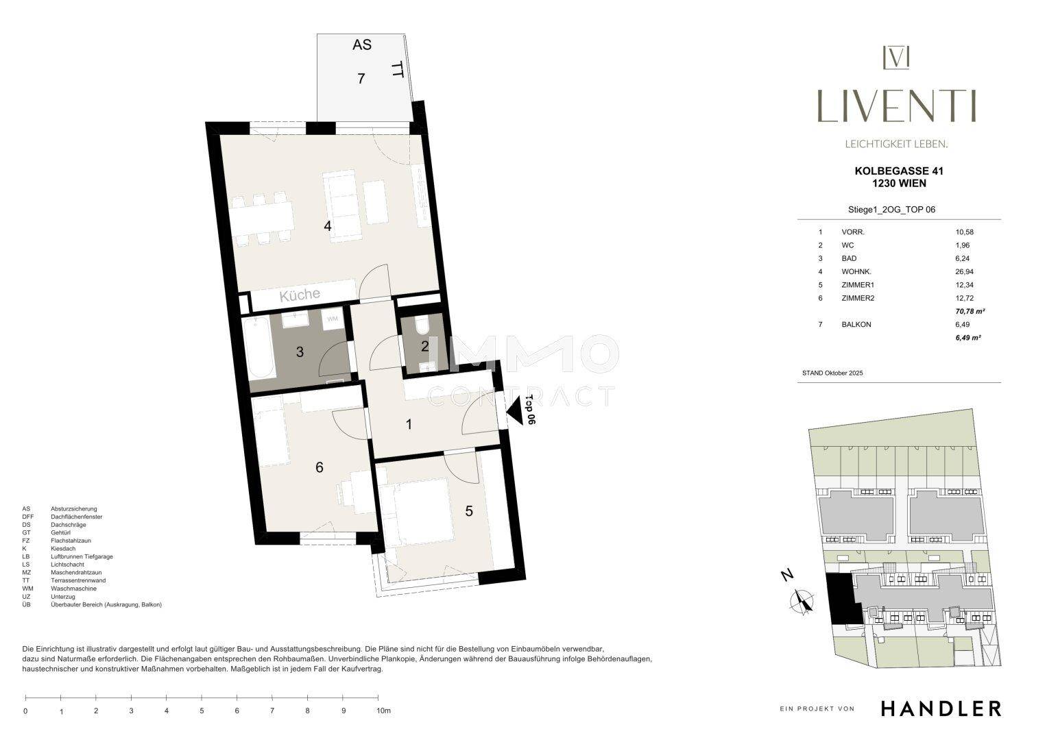 Grundriss einer Wohnung mit Balkon, offener Küche und zwei Schlafzimmern.