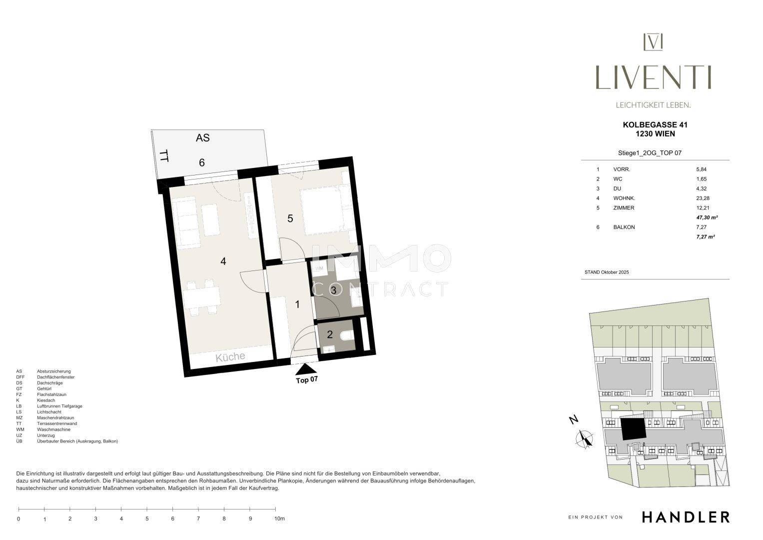 Grundriss einer Wohnung mit Küche, Wohnbereich, Schlafzimmer und Balkon.