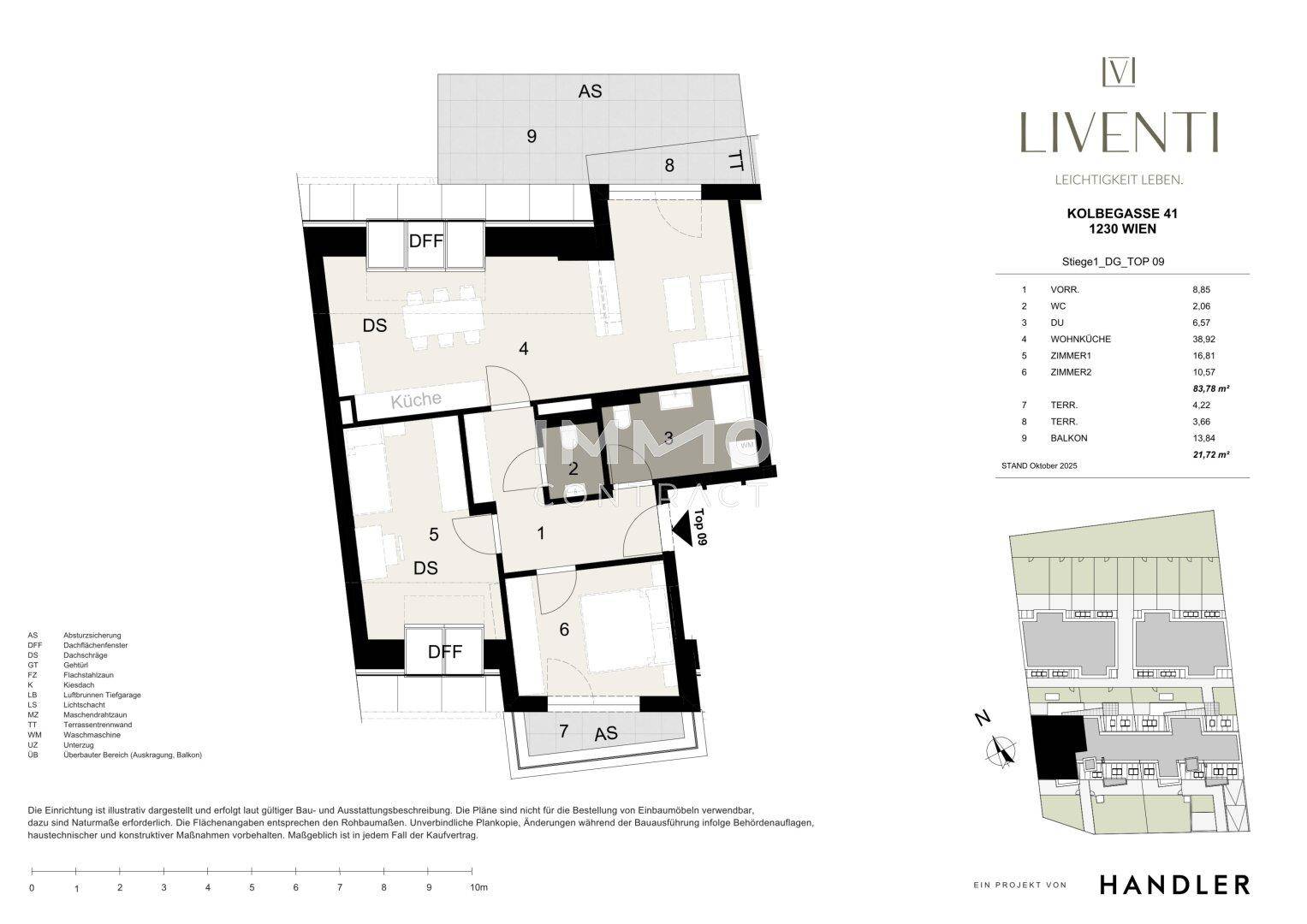 Grundriss einer Dachgeschosswohnung mit Terrasse und Balkon.