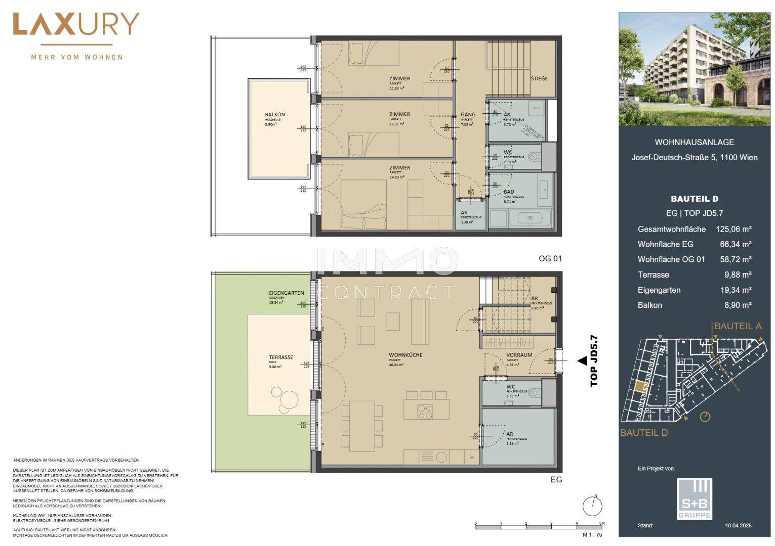 Detaillierter Grundriss einer Wohneinheit über zwei Ebenen mit Garten, Terrasse und Balkon.